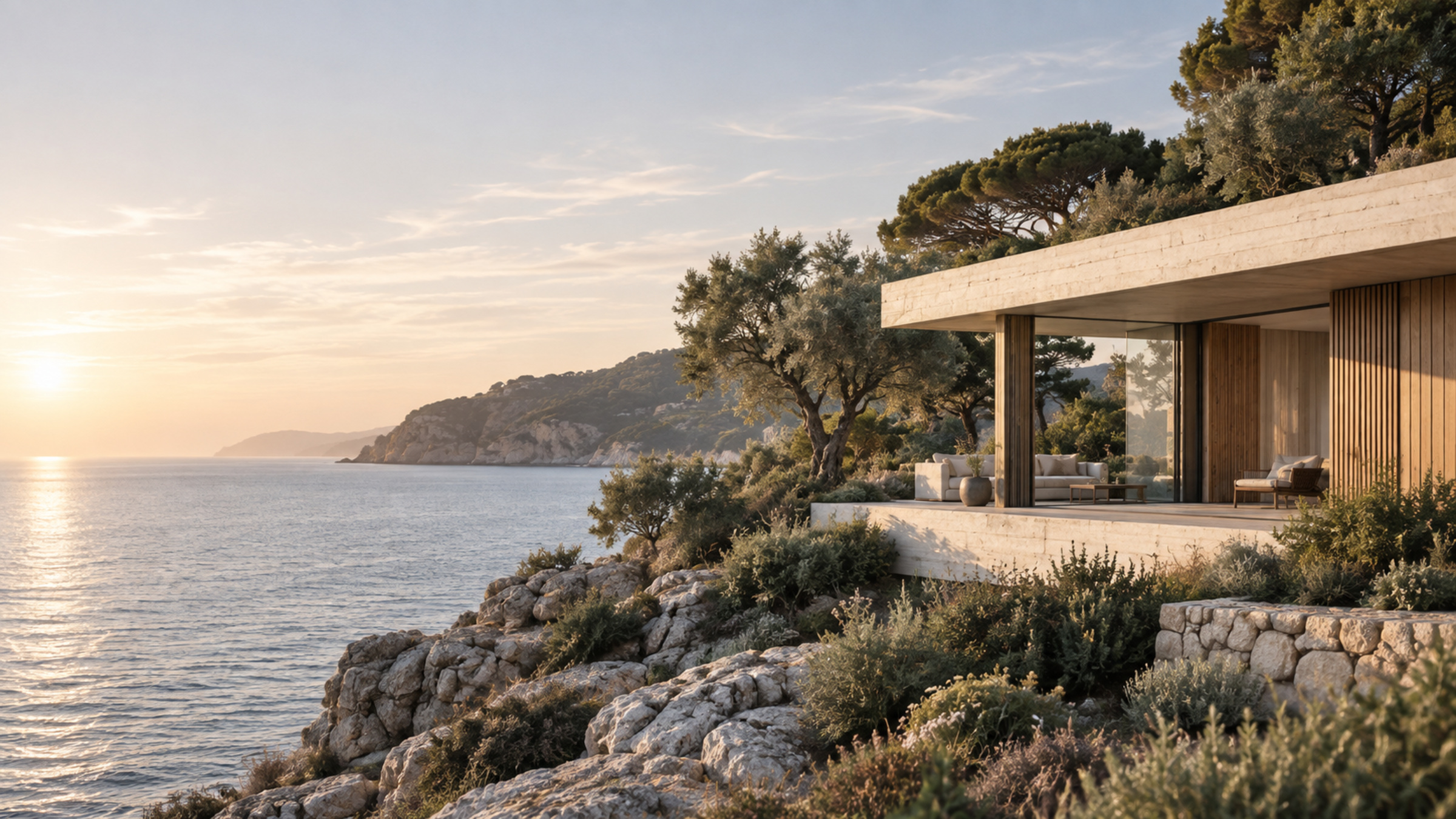 Concrete and timber pavilion on a Mediterranean clifftop at sunset